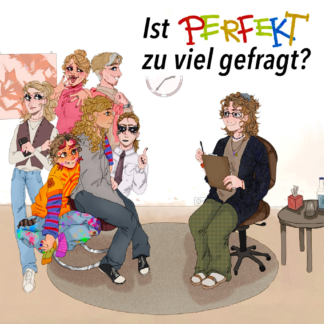 Theaterstück "Ist perfekt zu viel gefragt?": Illustration einer Therapiestunde, mit einer Person auf einem Stuhl und einer farbenfrohen Gruppe von Figuren und abstrakten Formen gegenübersitzt.