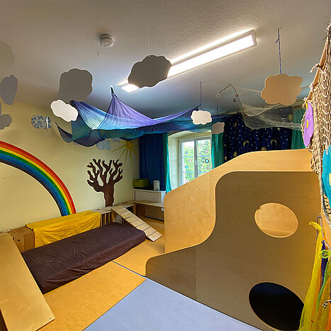 Raum Regenbogenland mit einem bunten Regenbogen an der Wand, von der Decke hängenden Papierwolken und Kinderspielmöbeln z.B. zum Rutschen und Klettern