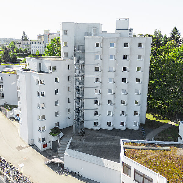 Aerial view of the halls of residence Sonnenbühl Ost Hochhaus