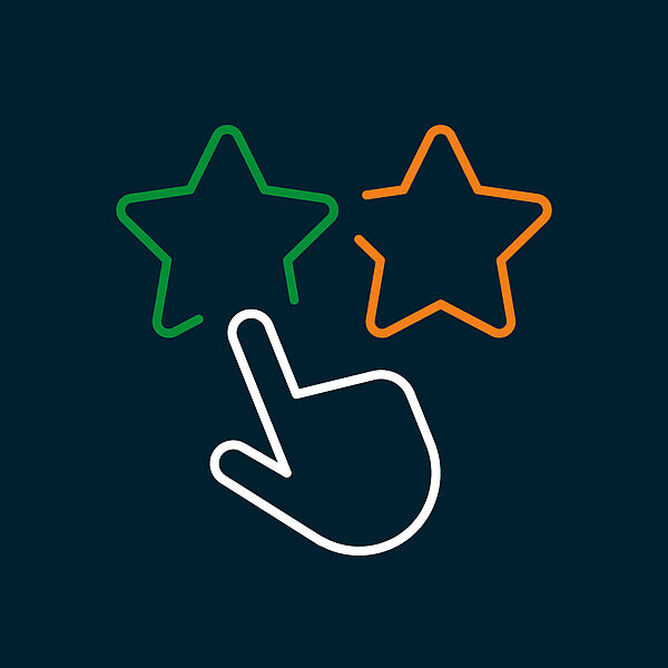 Strichgrafik: Zwei Sterne, ein orangefarbener, ein grüner und eine Hand, die per Fingerzeig zwischen ihnen entscheidet.